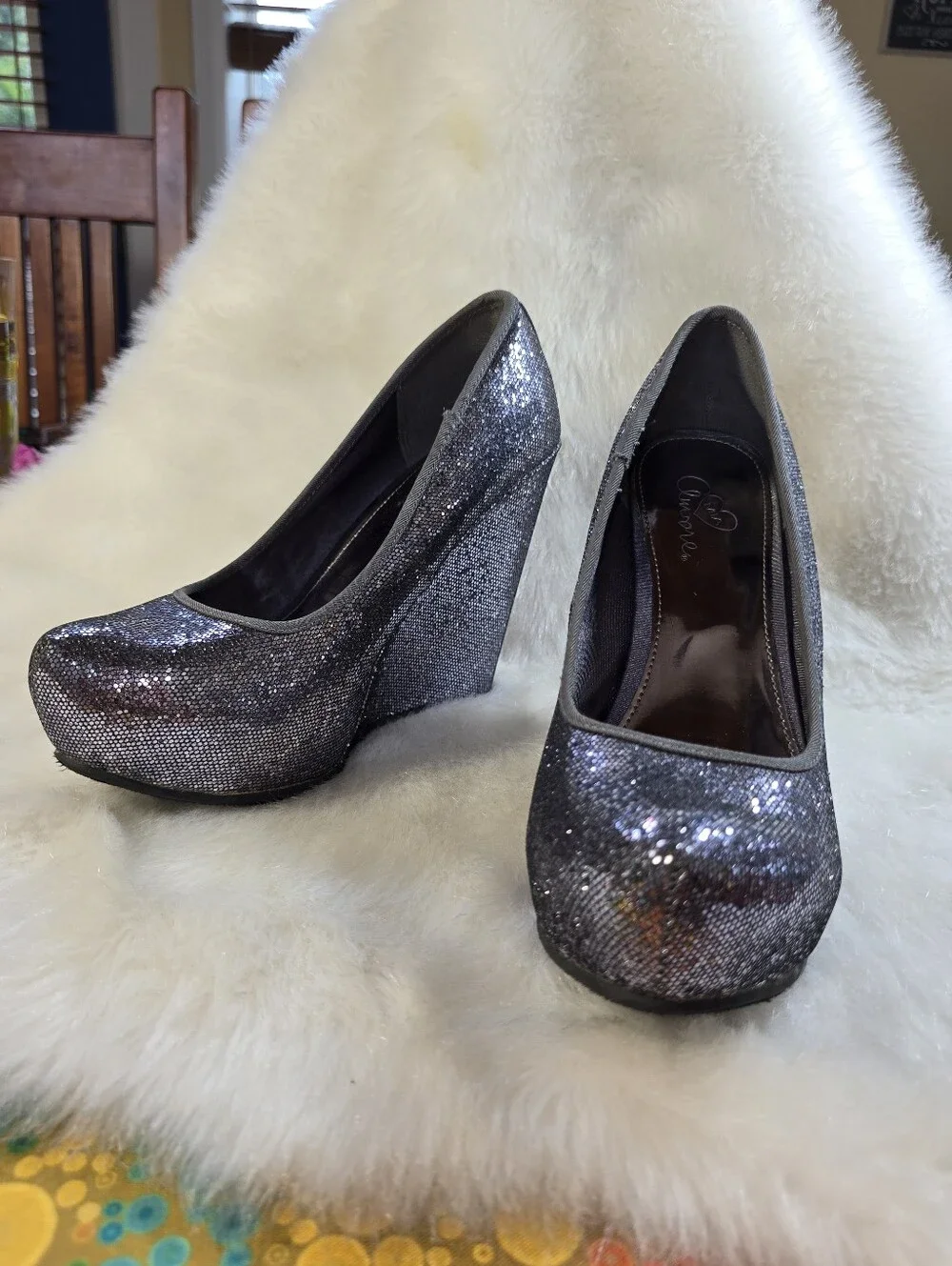 MIA Amore Icicle Silver Glitter Platform Wedge Pumps
